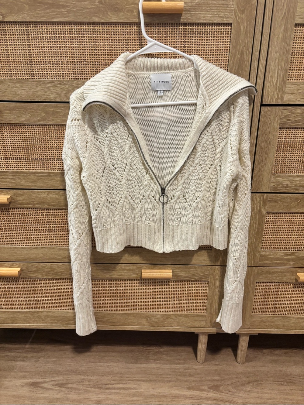 Pink Rose Cream Zip-Up Cable Knit Cardigan